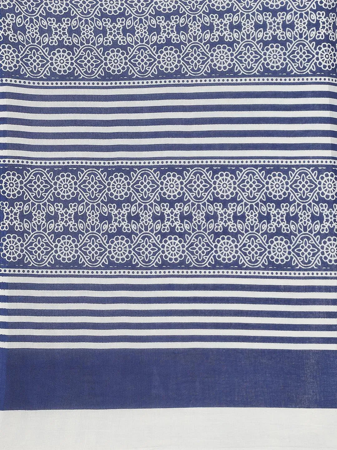Blue Printed Cotton Saree - Libas 