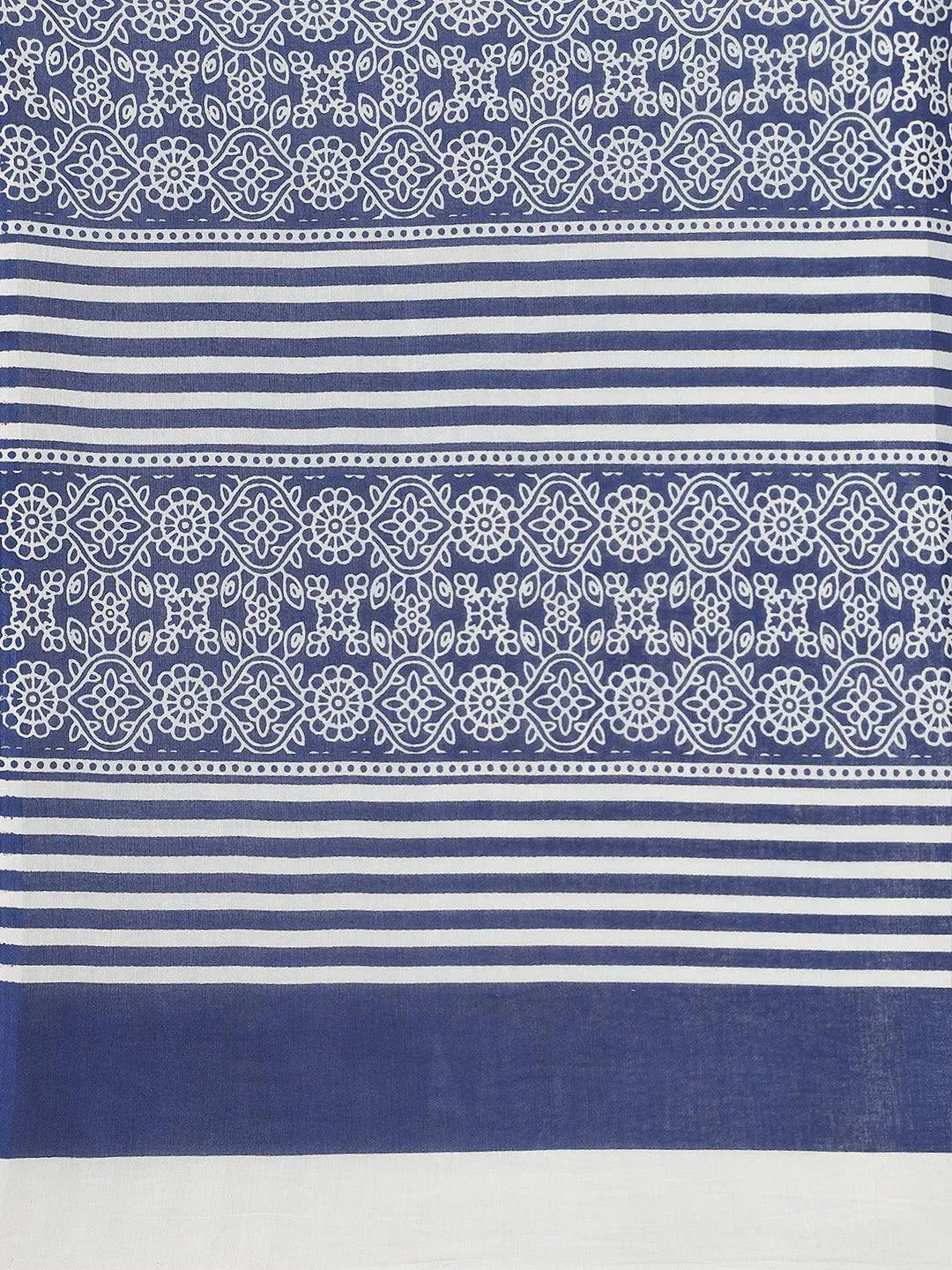 Blue Printed Cotton Saree - Libas