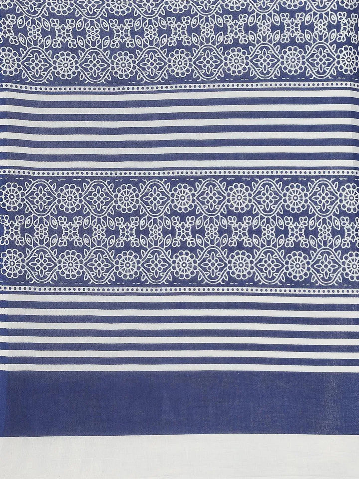 Blue Printed Cotton Saree - Libas