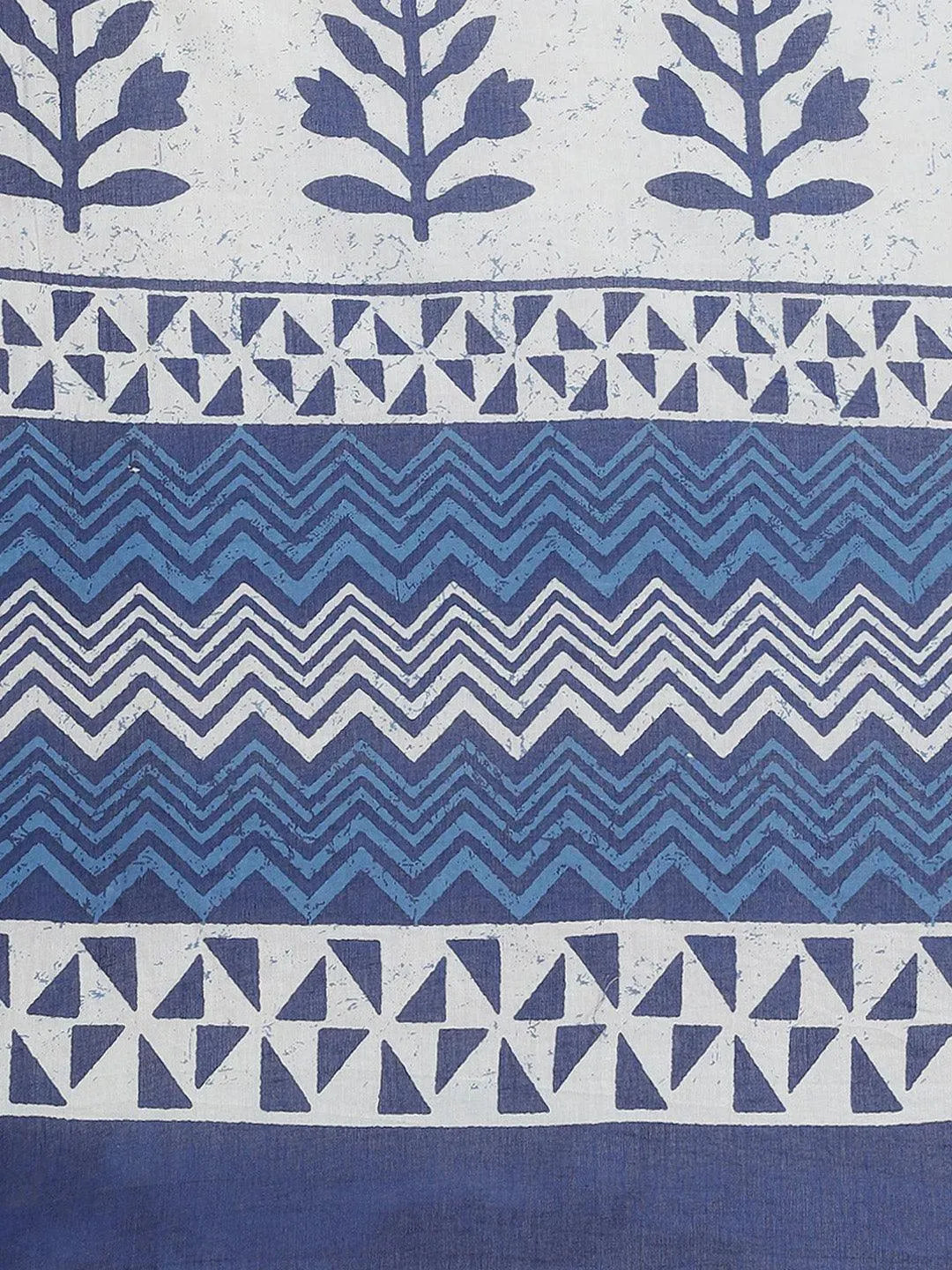 Blue Printed Cotton Saree - Libas 