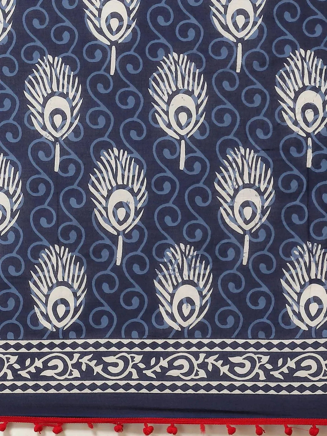 Blue Printed Cotton Saree - Libas 