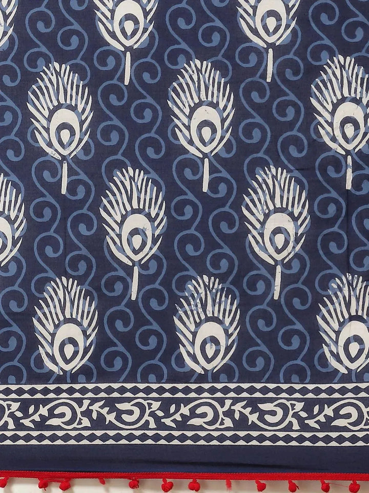 Blue Printed Cotton Saree - Libas