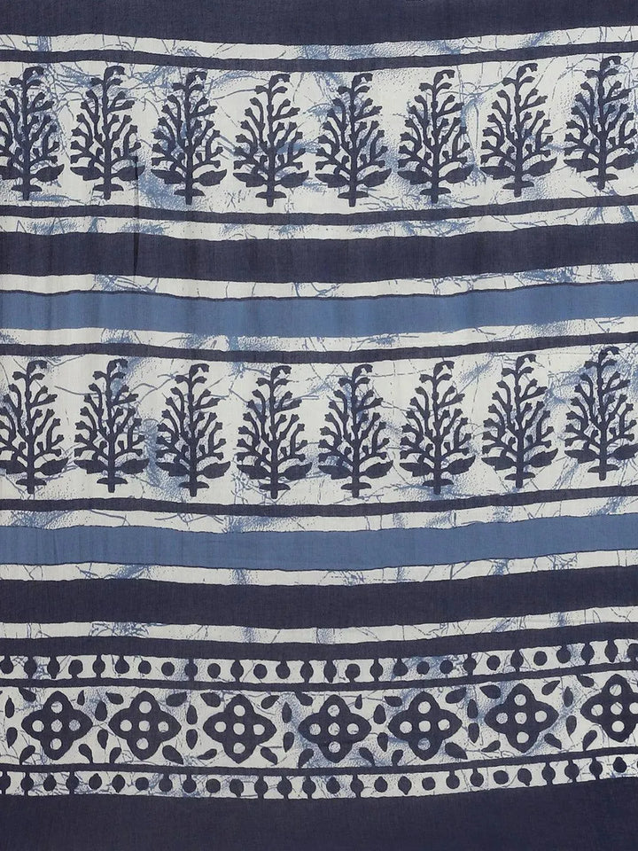 Blue Printed Cotton Saree - Libas