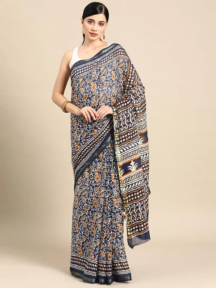 Blue Printed Cotton Saree - Libas