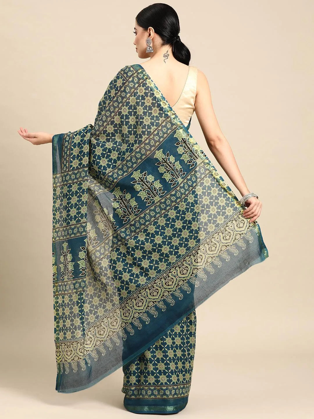 Blue Printed Cotton Saree - Libas 