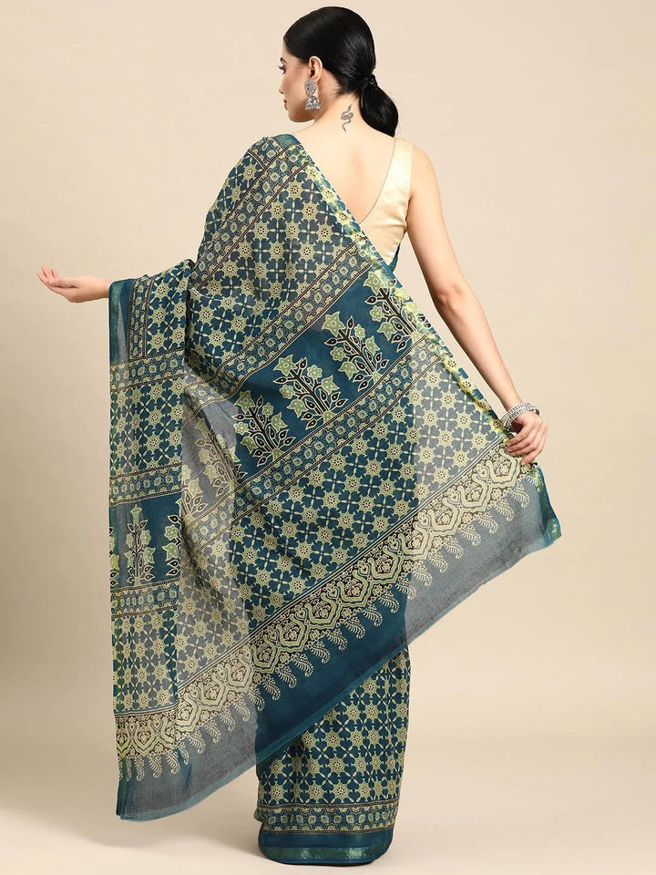 Blue Printed Cotton Saree - Libas