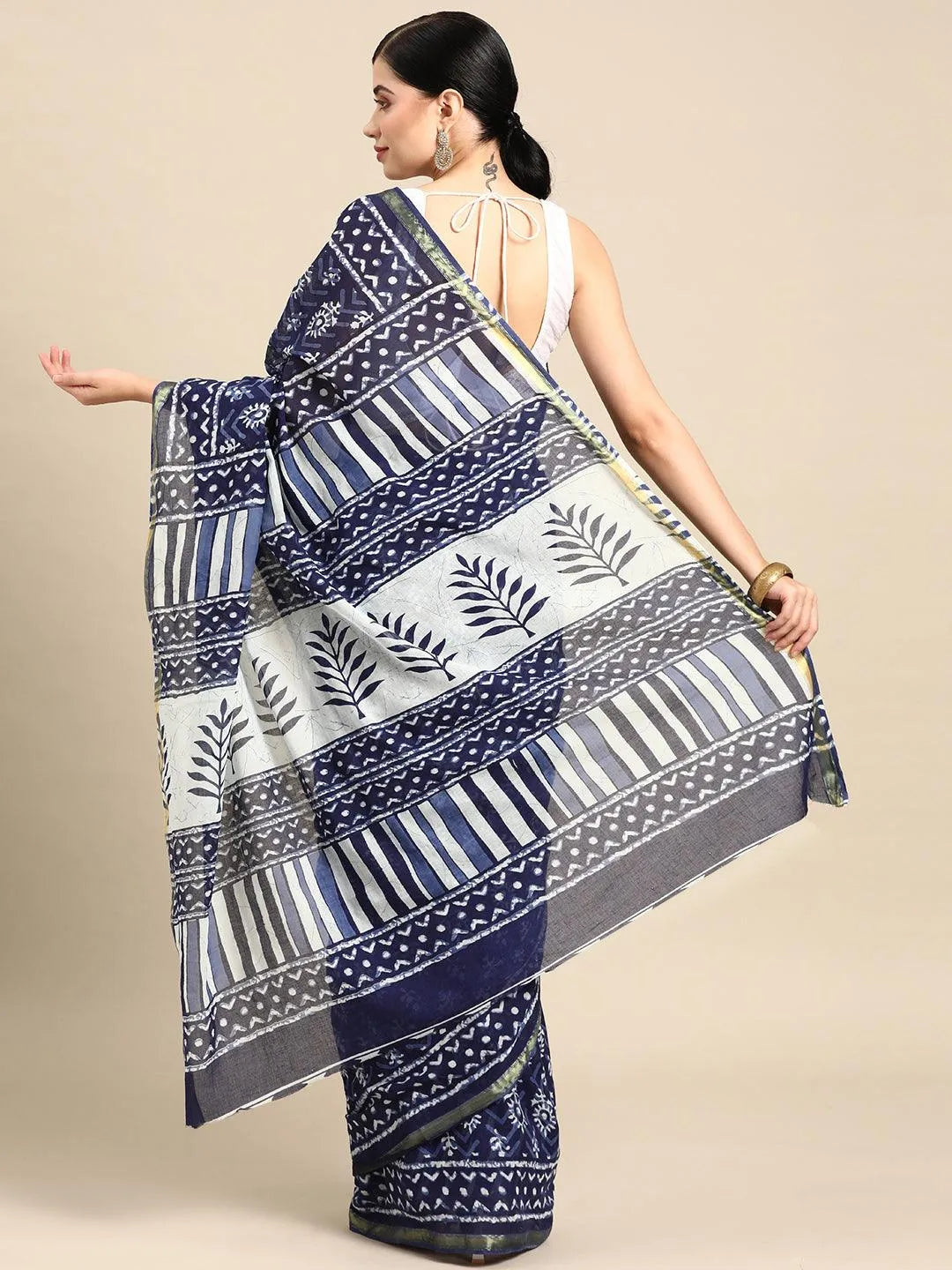 Blue Printed Cotton Saree - Libas 