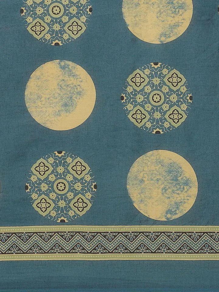 Blue Printed Cotton Saree - Libas