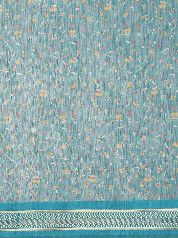 Blue Printed Cotton Saree - Libas