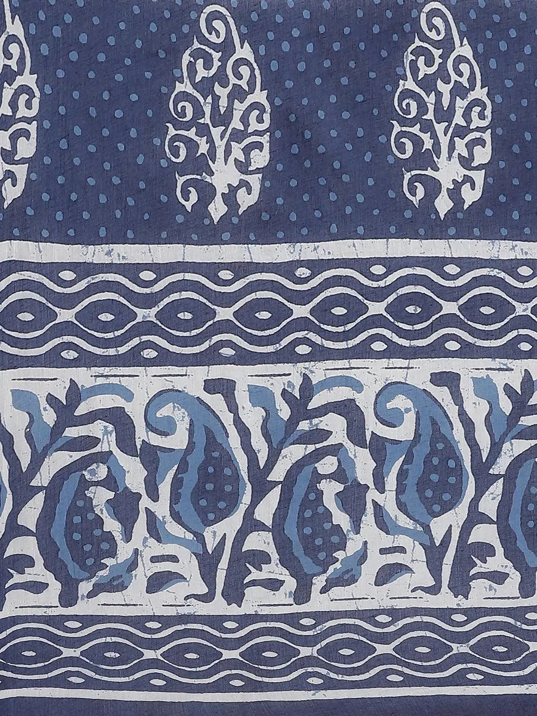 Blue Printed Cotton Saree - Libas 
