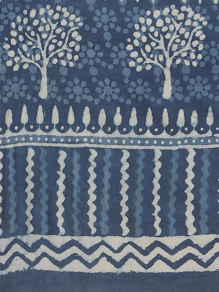 Blue Printed Cotton Saree - Libas