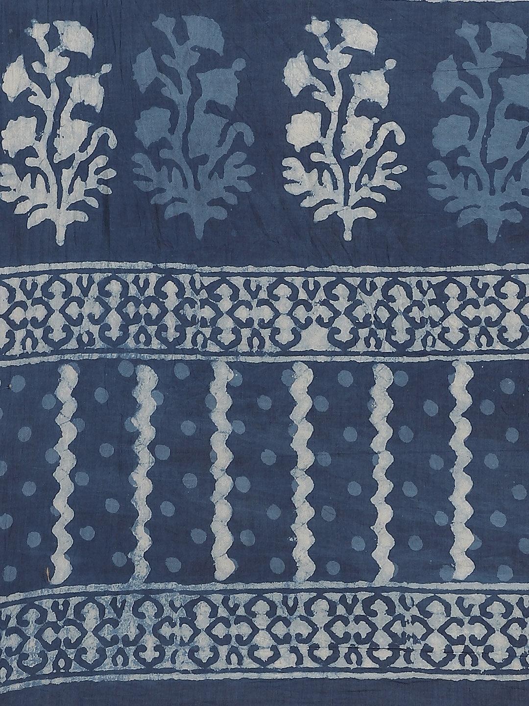 Blue Printed Cotton Saree - Libas