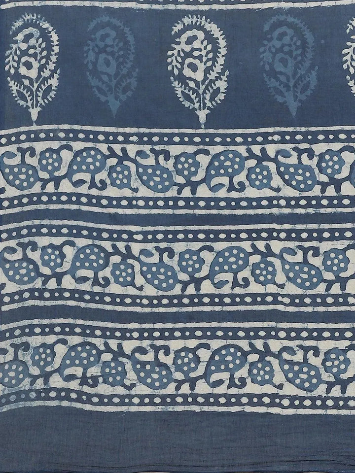 Blue Printed Cotton Saree - Libas