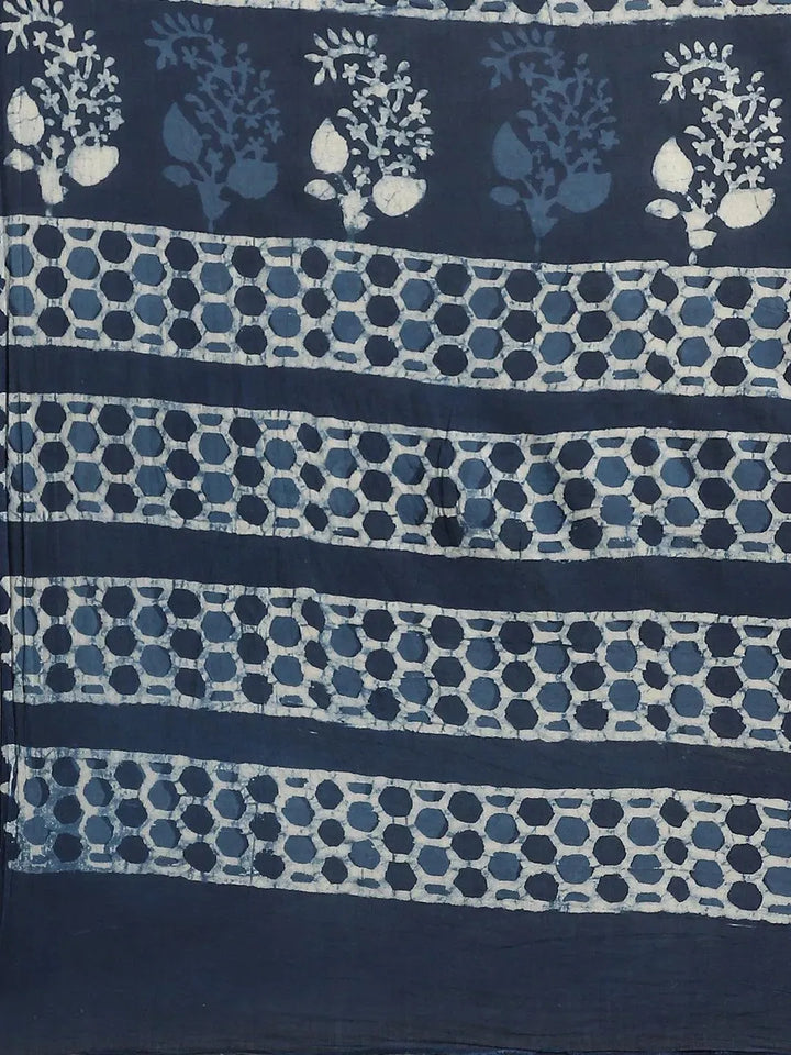 Blue Printed Cotton Saree - Libas