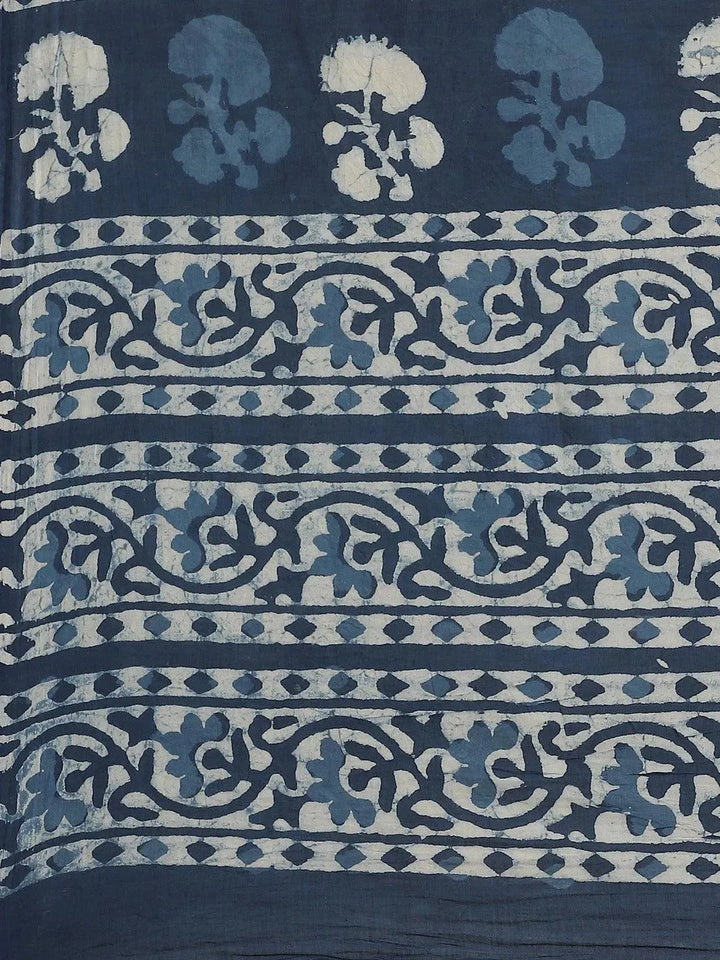 Blue Printed Cotton Saree - Libas