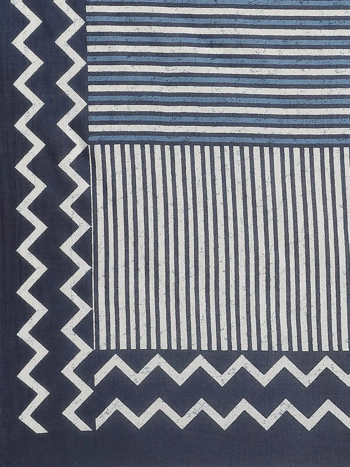 Blue Printed Cotton Saree - Libas