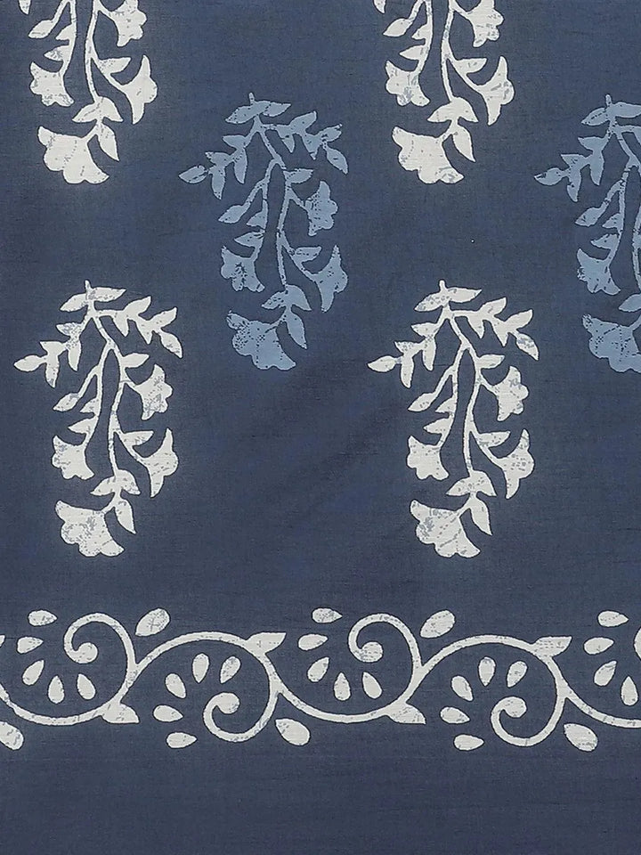 Blue Printed Cotton Saree - Libas