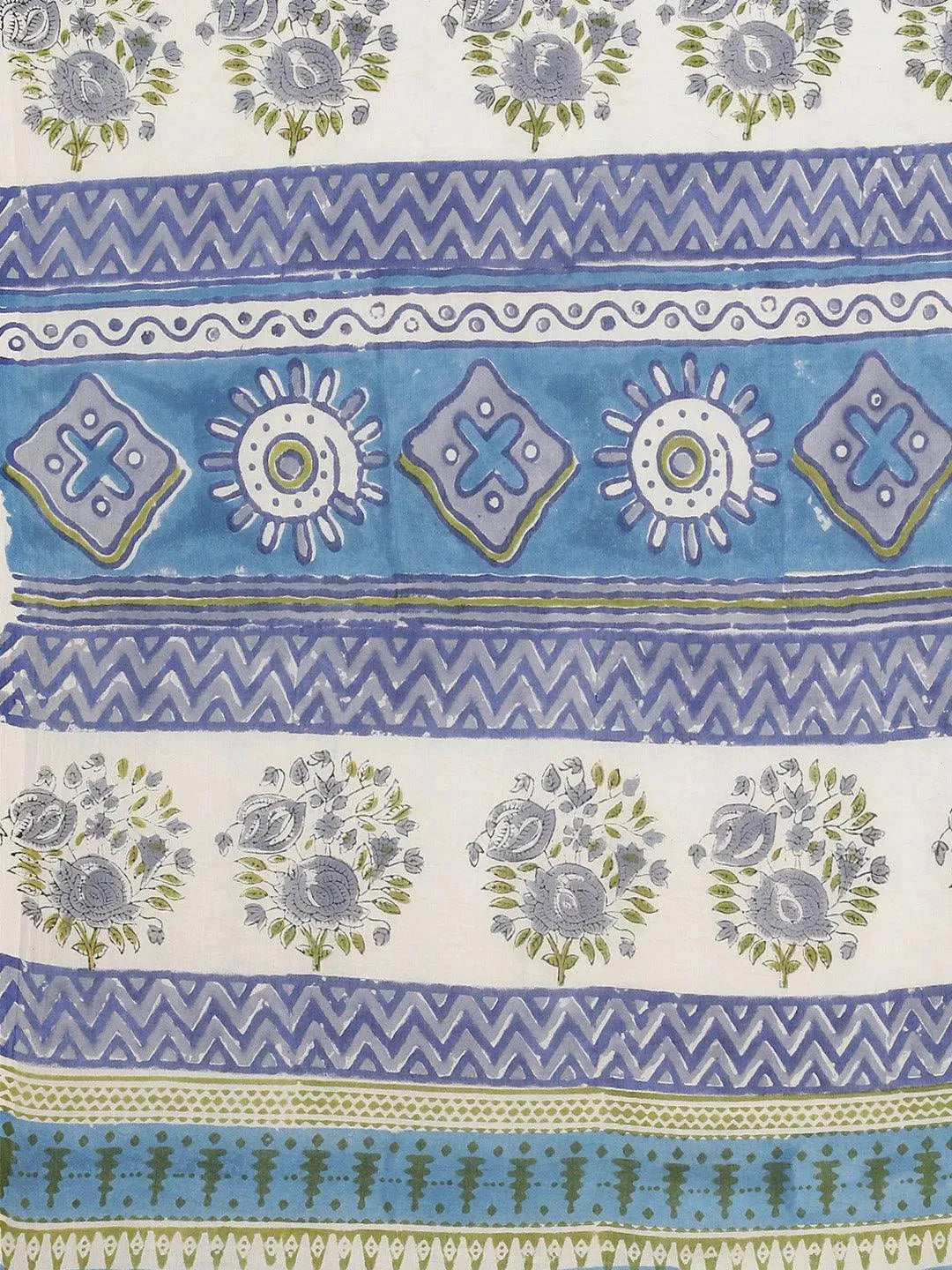 Blue Printed Cotton Saree - Libas 