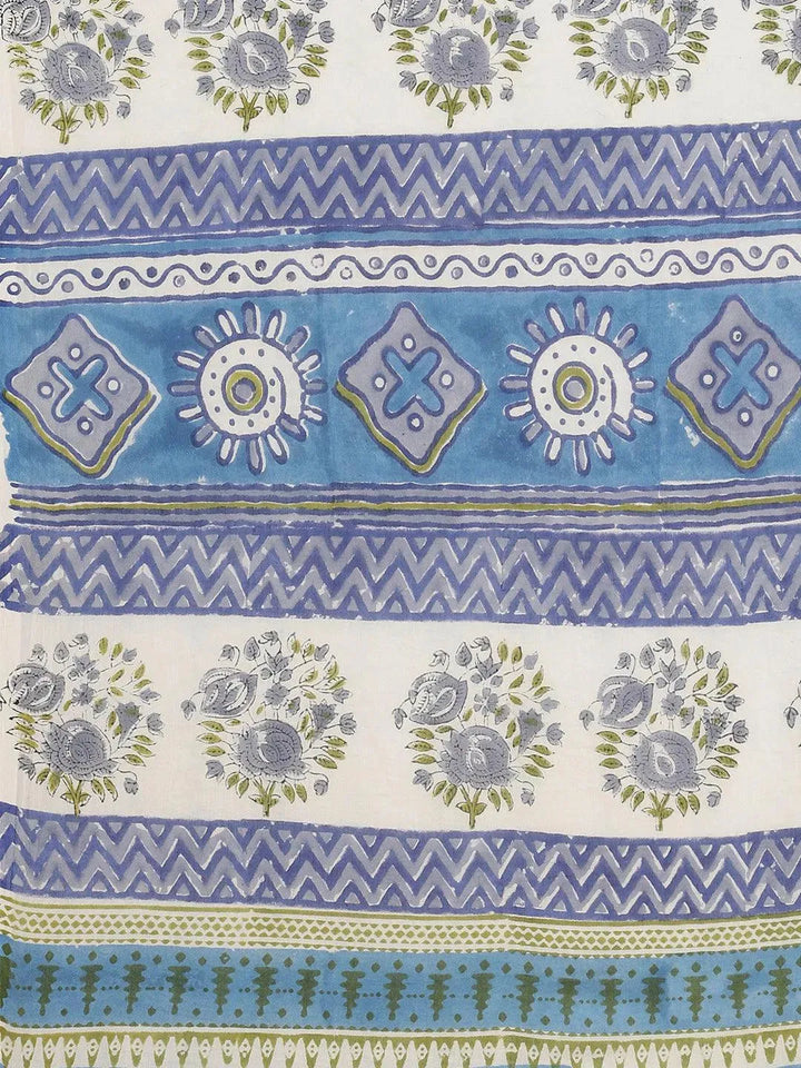 Blue Printed Cotton Saree - Libas