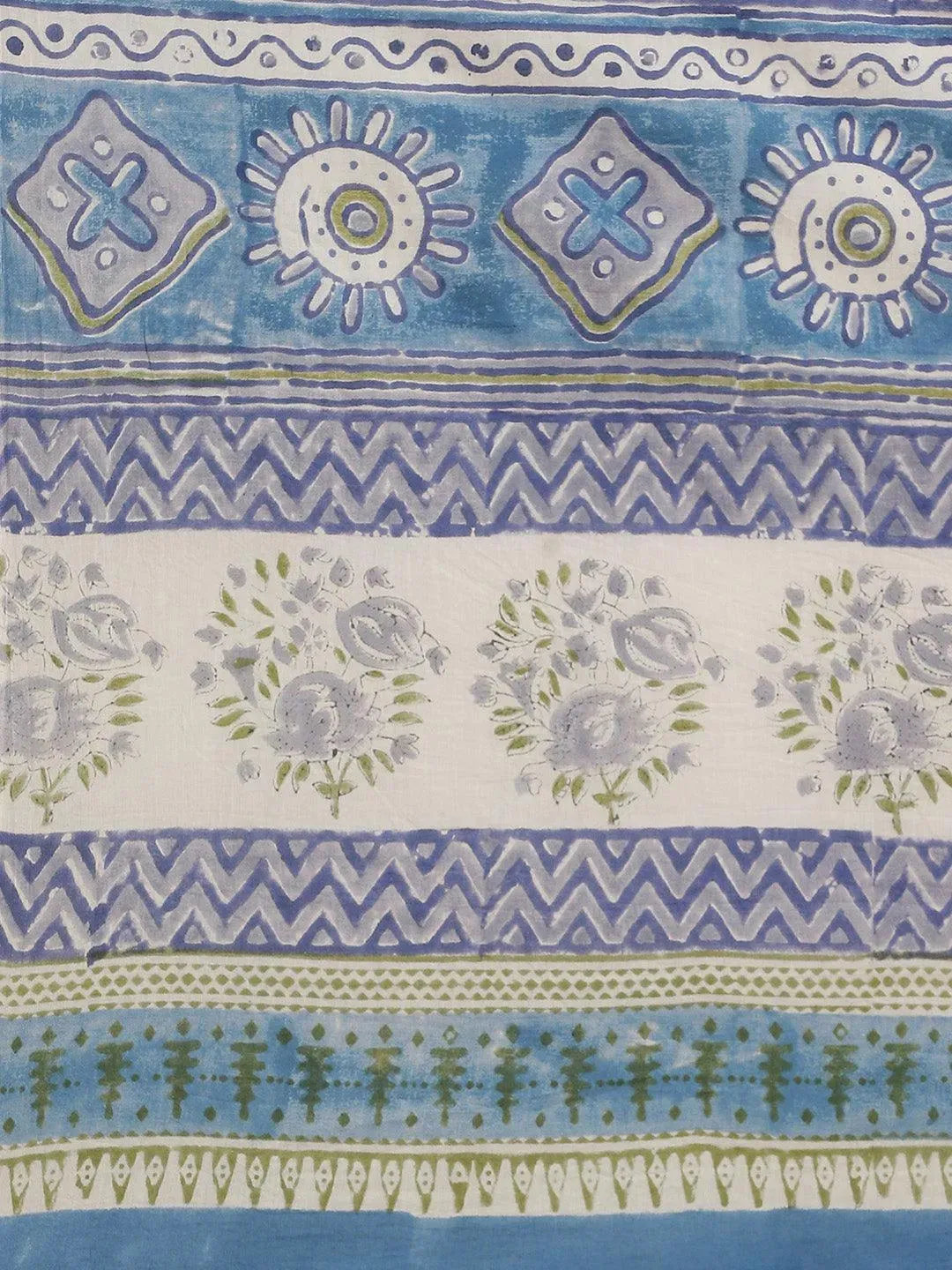 Blue Printed Cotton Saree - Libas 