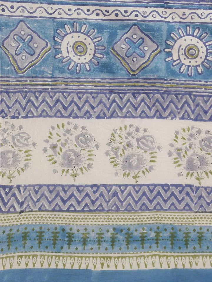Blue Printed Cotton Saree - Libas