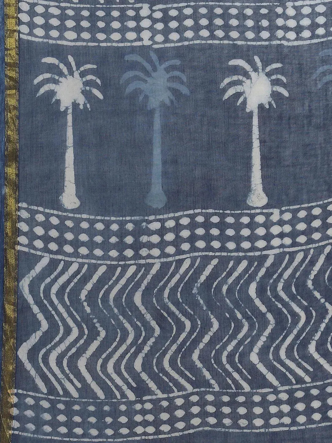 Blue Printed Cotton Saree - Libas 