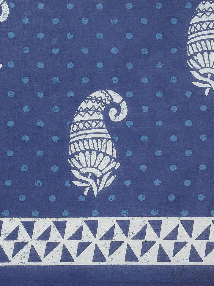 Blue Printed Cotton Saree - Libas