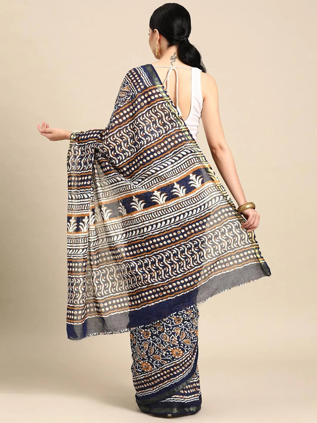 Blue Printed Cotton Saree - Libas 