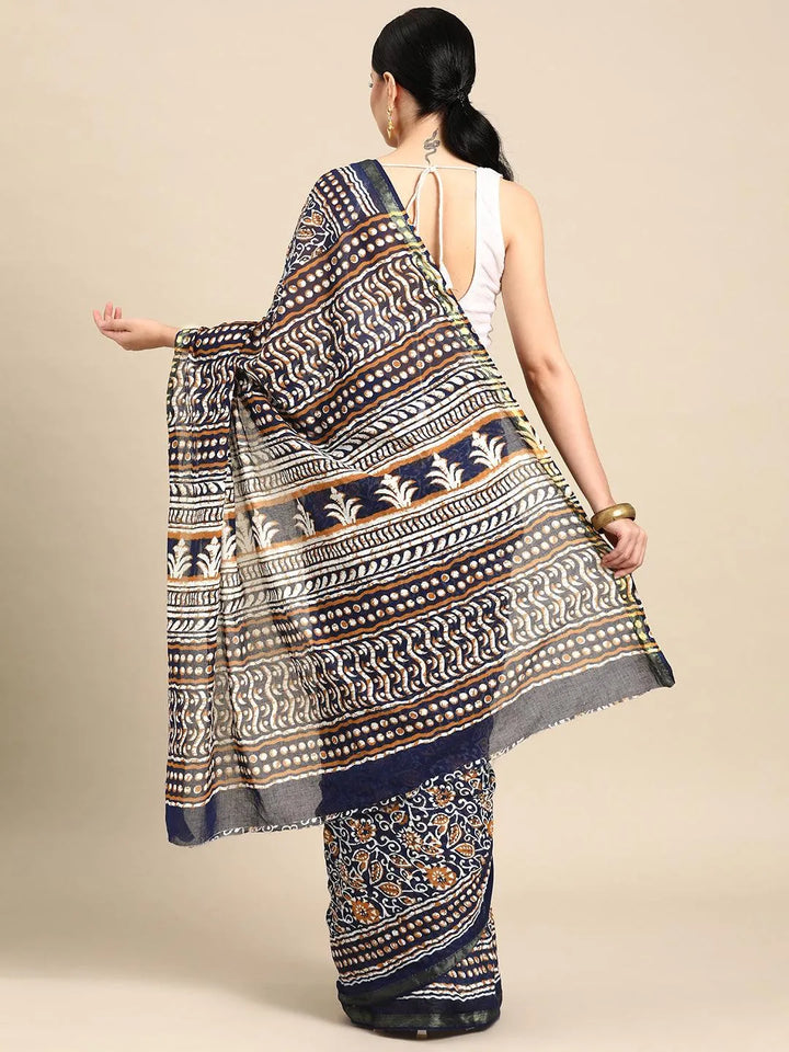 Blue Printed Cotton Saree - Libas
