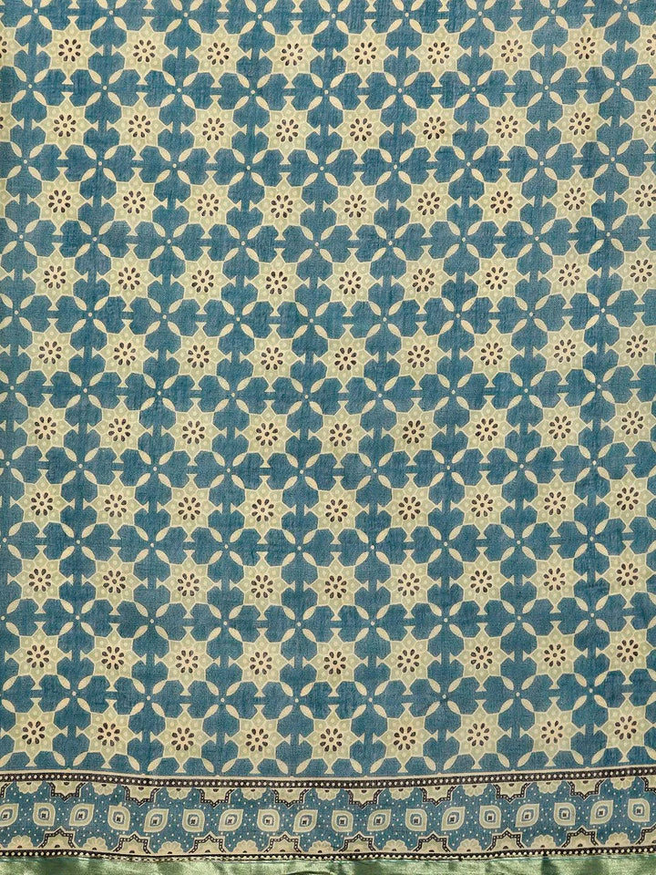 Blue Printed Cotton Saree - Libas