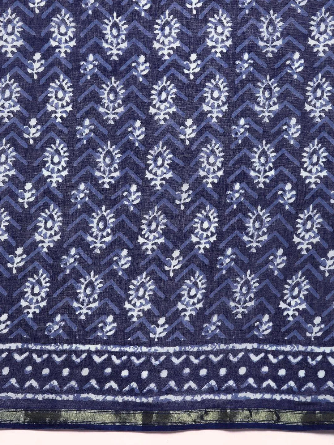 Blue Printed Cotton Saree - Libas 