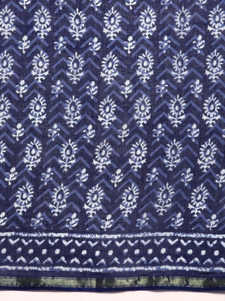 Blue Printed Cotton Saree - Libas