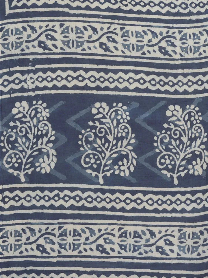 Blue Printed Cotton Saree - Libas