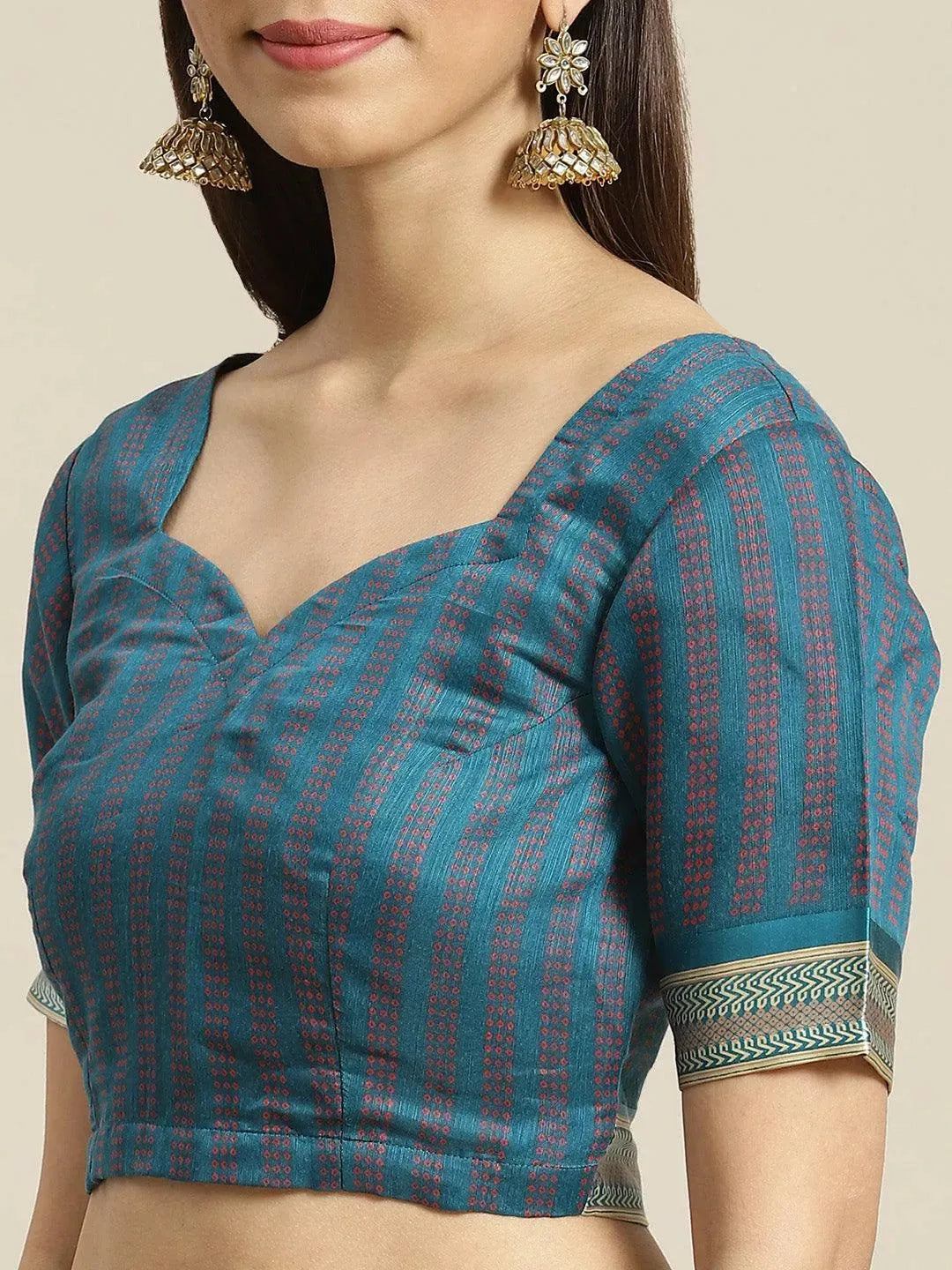 Blue Printed Cotton Saree - Libas