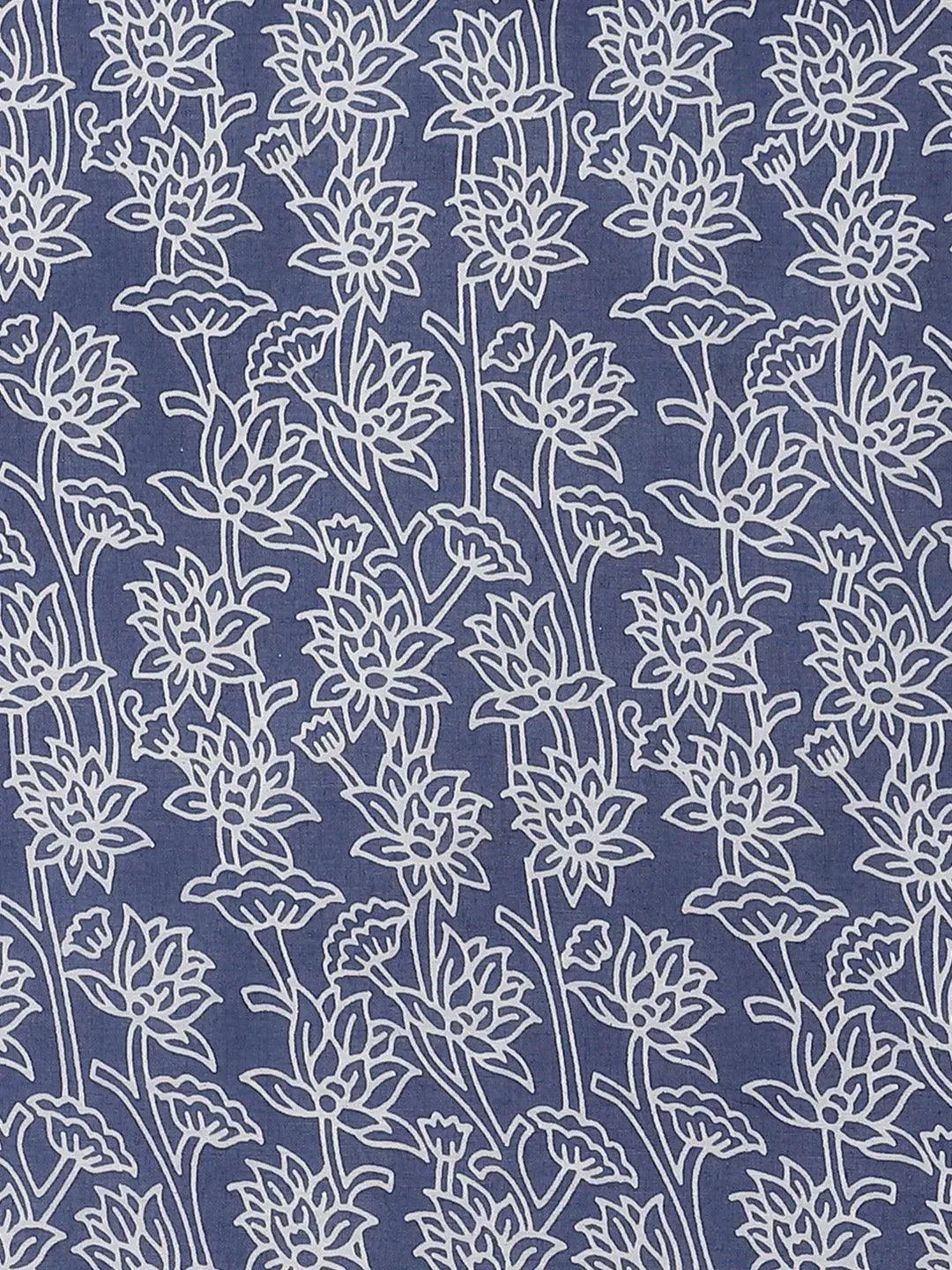 Blue Printed Cotton Saree - Libas 