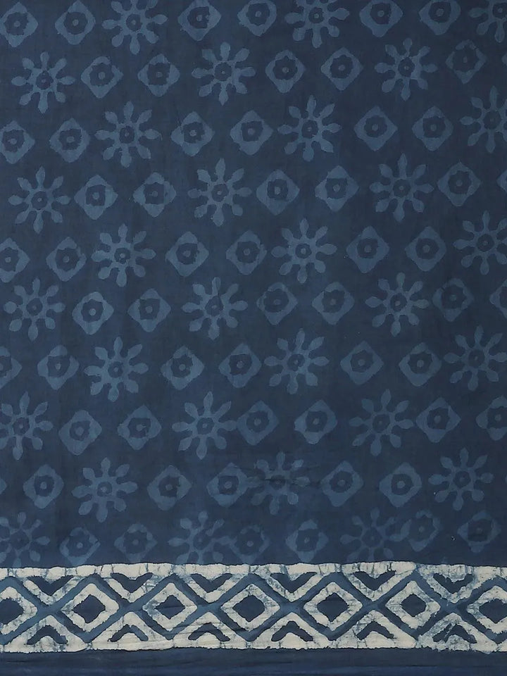 Blue Printed Cotton Saree - Libas