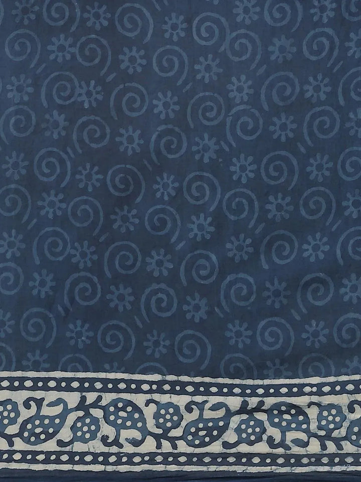 Blue Printed Cotton Saree - Libas