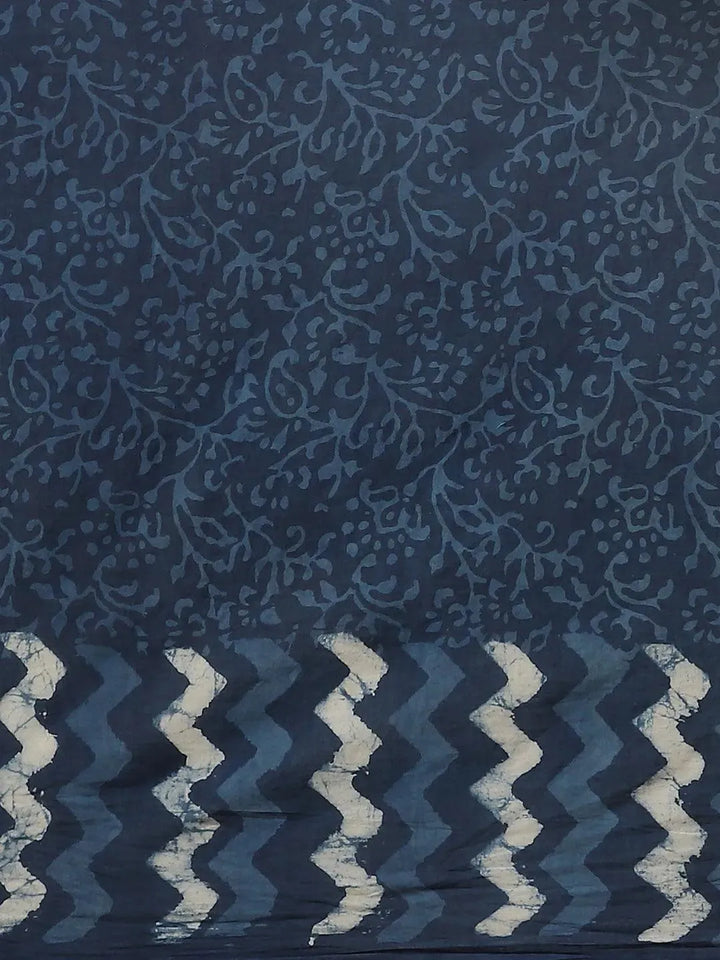 Blue Printed Cotton Saree - Libas