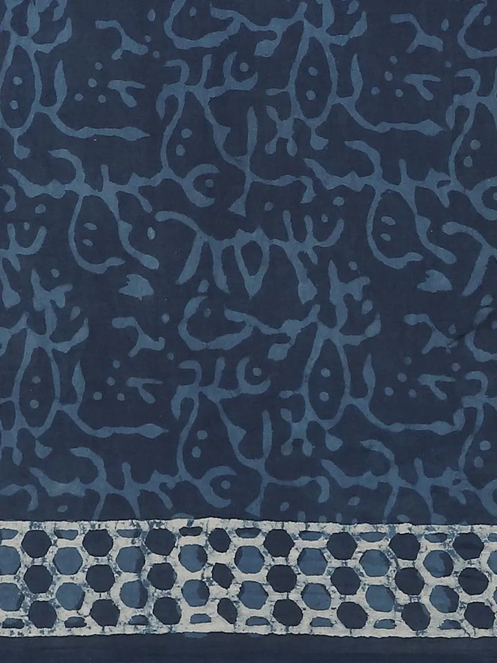 Blue Printed Cotton Saree - Libas