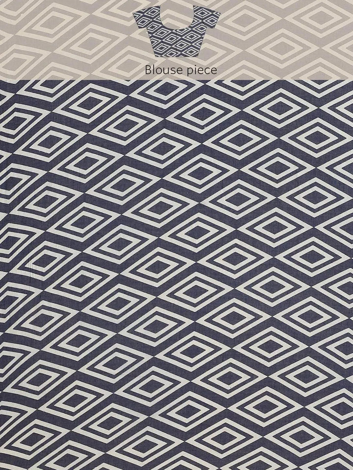 Blue Printed Cotton Saree - Libas