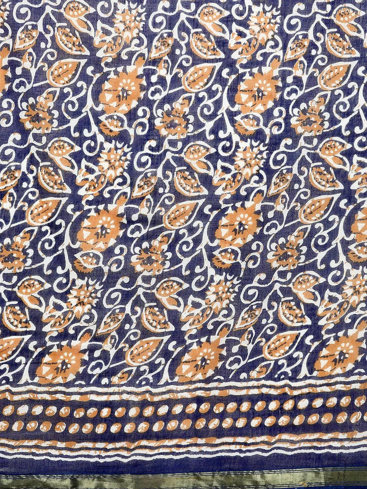Blue Printed Cotton Saree - Libas