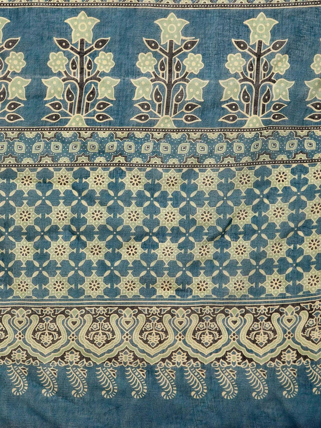 Blue Printed Cotton Saree - Libas 