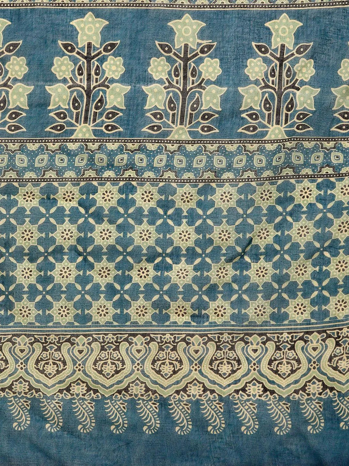 Blue Printed Cotton Saree - Libas