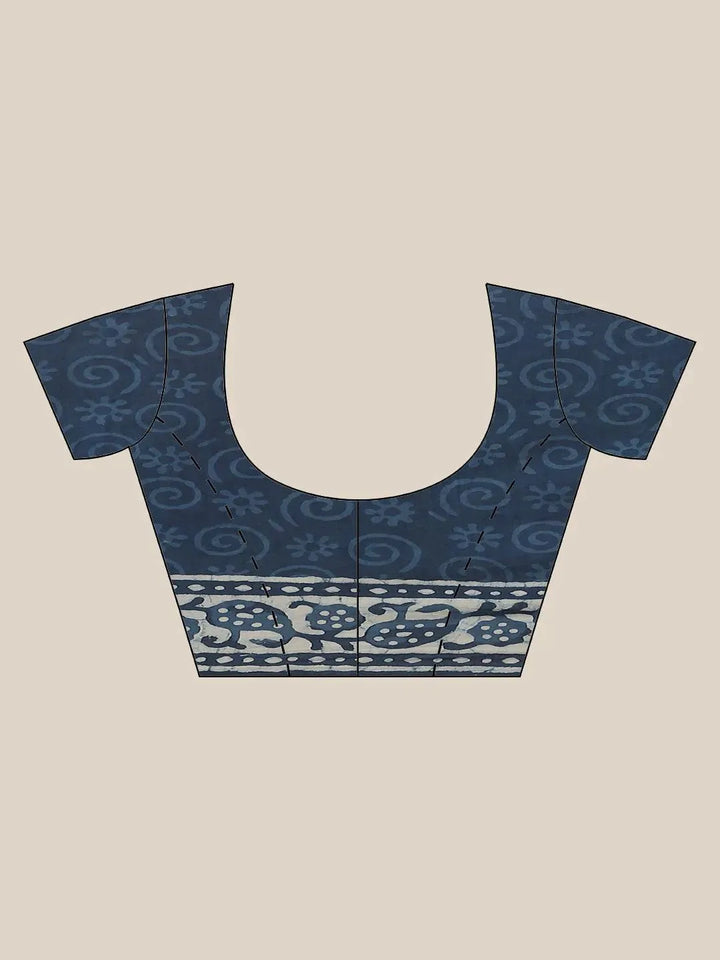 Blue Printed Cotton Saree - Libas