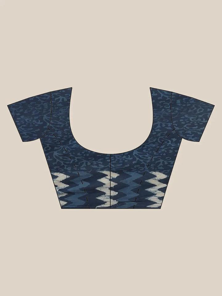 Blue Printed Cotton Saree - Libas