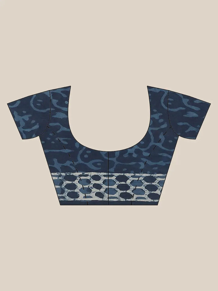 Blue Printed Cotton Saree - Libas