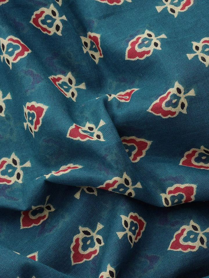 Blue Printed Cotton Saree - Libas