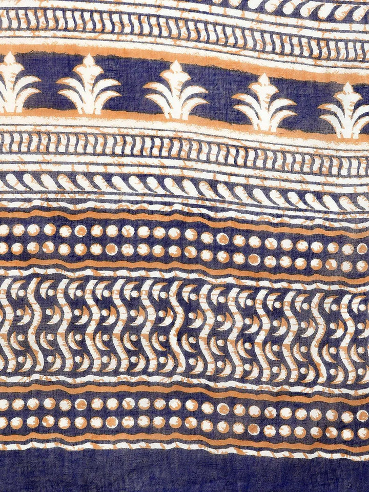 Blue Printed Cotton Saree - Libas