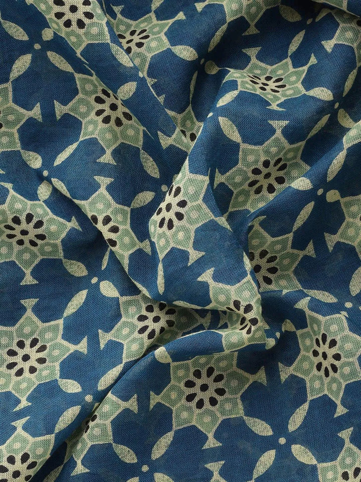 Blue Printed Cotton Saree - Libas