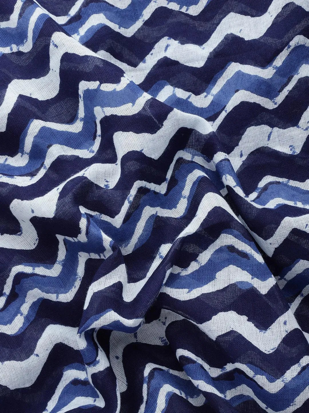 Blue Printed Cotton Saree - Libas 